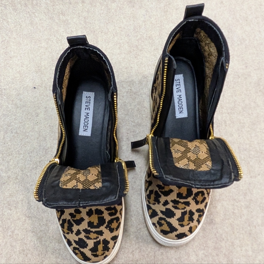 Steve Madden Black & Tan Knit Fabric & Leather Leopard Wedges Sz 7 Teens/Women - Picture 7 of 10